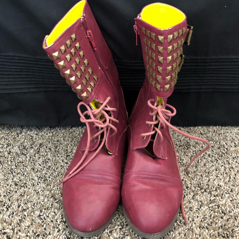 Maroon studded combat boots